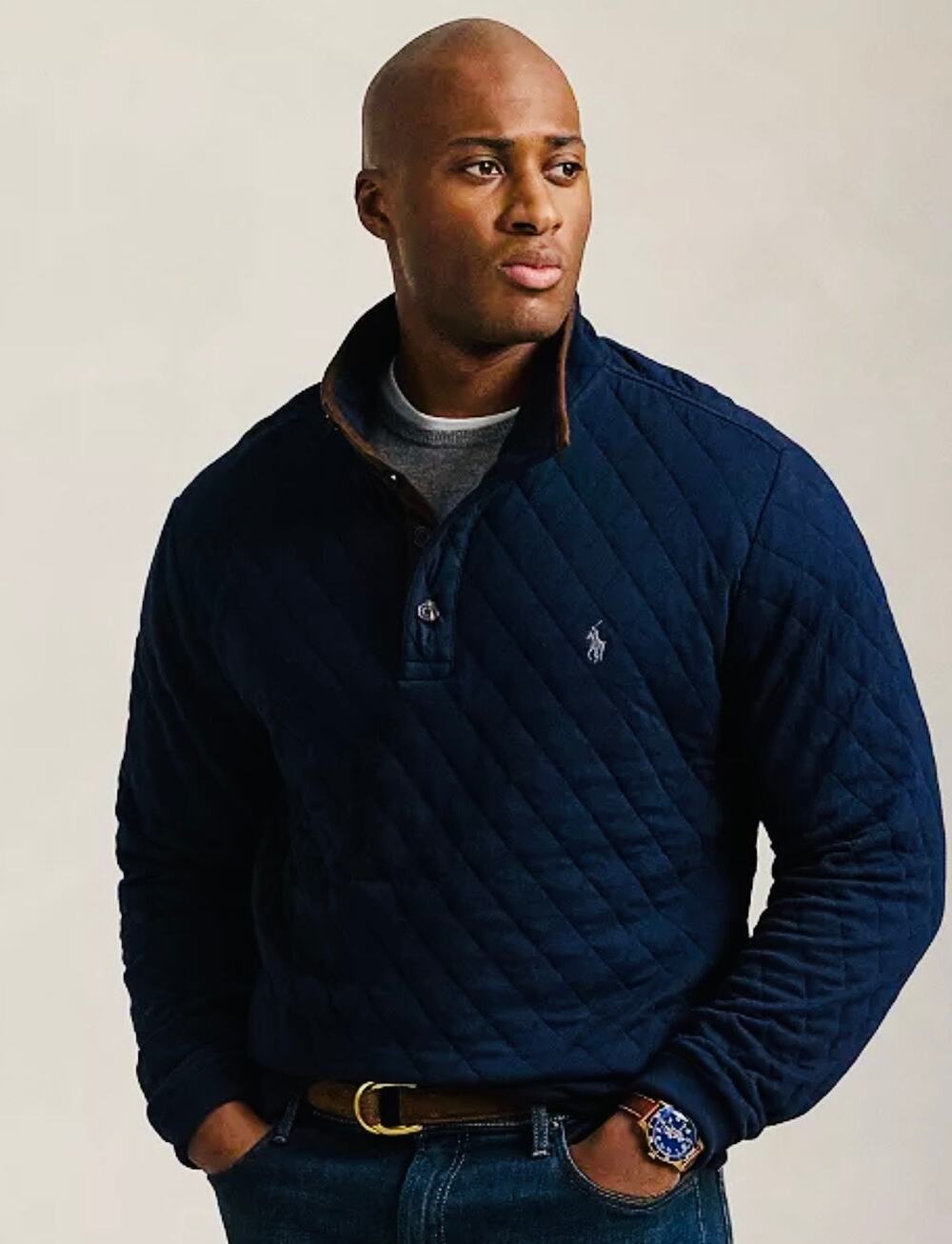 Polo Ralph Lauren
Four button quilted pullover, navy size medium